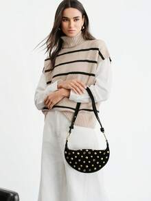SHECARRY Y2K Fashion Rivet Design Shoulder Bag Crescent Bag Pu Material, Zipper Opening And Closing, Suitable For Daily Commuting - Black - View 6