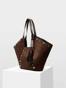 MOTF WOMEN'S FASHION RETRO BROWN SUEDE RIVET DECORATIVE TOTE BAG, LARGE CAPACITY CASUAL SHOULDER BAG, FOR DAILY, COMMUTING, SHOPPING, VACATION, TRAVEL - Coffee - View 2