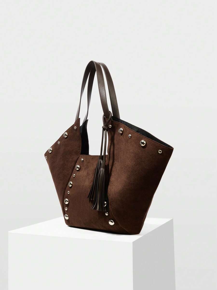 MOTF WOMEN'S FASHION RETRO BROWN SUEDE RIVET DECORATIVE TOTE BAG, LARGE CAPACITY CASUAL SHOULDER BAG, FOR DAILY, COMMUTING, SHOPPING, VACATION, TRAVEL - Coffee - View 2