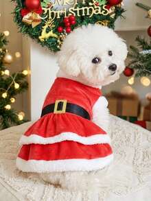 PETSIN Santa - Style Pet Christmas Dress With Plush Trim And Golden Buckle Belt - Red - View 5