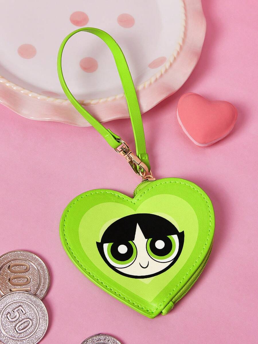 THE POWERPUFF GIRLS X SHEIN 愛心造型迷你零錢包,附金屬掛鉤設計,可作為包包吊飾,可收納硬幣、耳機線、小飾品及其他小物品 - 綠色 - 查看 1