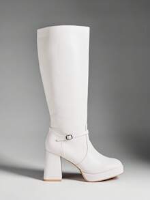 SHUZIA Women's Stylish & Comfortable Block Heel Knee-High Boots With Metal Buckle Decor For Christmas Valentine's Day - White - View 4