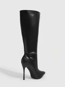 CUCCOO SZL 黑色亮面尖頭高跟彈性長靴，Spice Girls 秋冬款 - F6黑色 - 查看 3