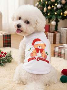 PETSIN 1pc Christmas Bear Letter Printed Pet Tank Top White Breathable Pet Clothes - Multicolor - View 6