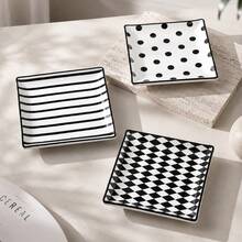 Haus Hana 3 Styles Black & White Ceramic Square Plate Set, Polka Dot/Stripe/Checkered Porcelain Serving Tray, Food Square Dish For Appetizer, Dessert, Snack, Modern Minimalist Dinnerware For Home Kitchen, Party, Restaurant & Tabletop Decor - Multicolor - View 4