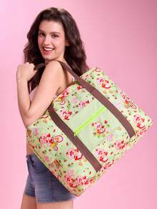 Strawberry Shortcake X SHEIN Hot Pink Heart Cartoon Foldable Travel Tote Bag, Large Capacity With Front Zip Pocket, Collapsible Design For Weekend Trips, Gym And Daily Storage - Light green - View 1