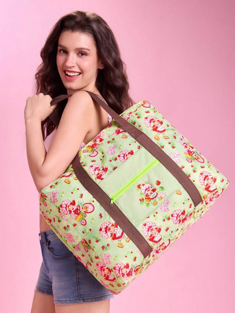 Strawberry Shortcake X SHEIN Hot Pink Heart Cartoon Foldable Travel Tote Bag, Large Capacity With Front Zip Pocket, Collapsible Design For Weekend Trips, Gym And Daily Storage - Light green - View 1