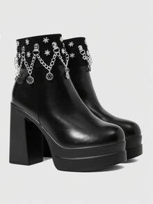 ROMWE Women's Autumn/Winter Punk-Style Retro Chunky Heel Platform Ankle Boots, Gothic Solid Color Leather Side Zip Closure With Metal Buckle Strap. - Black - View 2