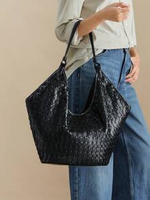 Wovira Women's Shoulder Bag, Tote Bag, Hand-Woven Bag, Retro Old Money Style, Casual Large-Capacity Matching, Soft Texture, Suitable For Shopping And Commuti - Black - View 7