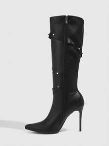 CUCCOO SZL Black Over-The-Knee Boots, Slim Stiletto Heels, Decorative Stud Buckles, Fashion Style, Suitable For Daily Wear & Parties - Black - View 5