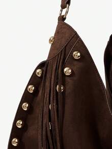 Maija Women's Fashionable Simple Elegant Versatile Retro Dark Coffee Color Suede Tassels Gold Rivets Decorative Shoulder Bag, Daily Commuting Shopping - Dark coffee - View 7