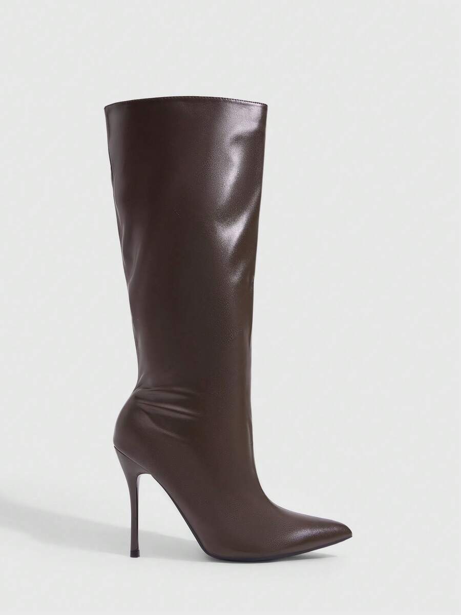 CUCCOO SZL Black Glossy Pointed-Heeled Elastic High Boots, Spice Girls Autumn And Winter Models - F6 coffee color - View 1