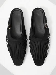Mnmlis Classic Square Toe Fringe Decor Mules - Black - View 1