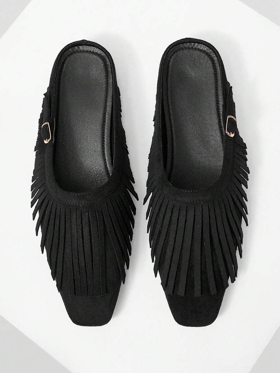 Mnmlis Classic Square Toe Fringe Decor Mules - Black - View 1