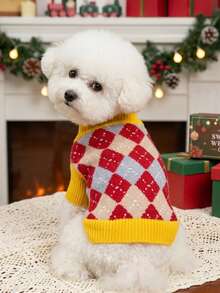 PETSIN Vintage Argyle Pet Sweater, Diamond Plaid Knit Pullover, Winter Warm Clothes For Small Puppy Kitten - Red - View 3