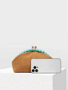 MOTF WOMEN'S FASHION BROWN CLUTCH BAG, RETRO TURQUOISE GREEN CRACKED BEAD CLIP BAG, FOR DAILY, SHOPPING, VACATION, TRAVEL - Brown - View 4