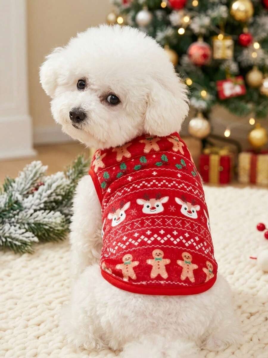 PETSIN 1pc Christmas Gingerbread Man Elk Head Plush Pet Vest Christmas Autumn Winter Thick Warm Pet Clothes - Multicolor - View 1
