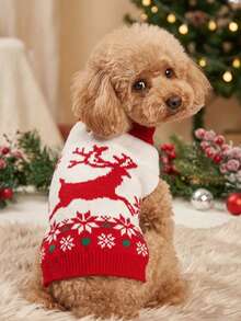 PETSIN 1pc Christmas Pet Cat Dog Universal Green Diamond Grid Elk Snowflake Cute Pattern Jacquard Knitted Elastic Comfortable Dog Christmas Sweater - Multicolor - View 2