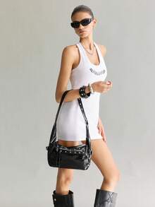 Viva Strut Ladies Shoulder Bag, Large Capacity, Rivet Decoration, Sweet And Cool Spice Girl Y2K, Zipper Closure, Adjustable Shoulder Strap, Suitable For Daily Sh - Black - View 9