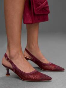 CUCCOO SZL Women's Fashion Pointed Mesh Stitching Rhinestone Summer Fashion Party Party Spread Kitten Heel Empty Kitten Heel High Heels Shoes - Burgundy - View 9