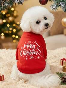 PETSIN 1pc White Christmas Letters, Snowflakes, Christmas Tree Pattern Print, Soft And Comfortable, Warm Pet Clothing - Multicolor - View 3