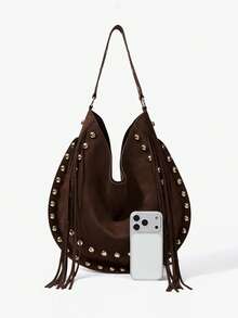 Maija Women's Fashionable Simple Elegant Versatile Retro Dark Coffee Color Suede Tassels Gold Rivets Decorative Shoulder Bag, Daily Commuting Shopping - Dark coffee - View 6
