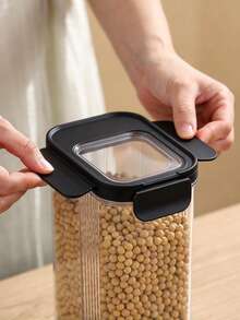 1PC Airtight Food Storage Containers With Black Lids, Plastic Sealed Kitchen Pantry Organizer Jars, Stackable Clear Canisters For Grain, Pasta, Nuts, Beans, Dry Food, Household Kitchen Storage & Organization - Black - View 9