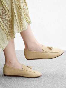 CUCCOO BIZCHIC Rice Apricot Velvet Tassel Slouchy, Flat Bottom Not Tired Feet Daily Commuting Versatile Shoes - rice apricot - View 5