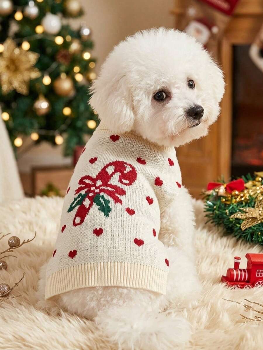 PETSIN 1pc Apricot Knitted Turtleneck Sweater With Cute Christmas Candy Cane & Heart Pattern, For Cats & Dogs - Multicolor - View 1
