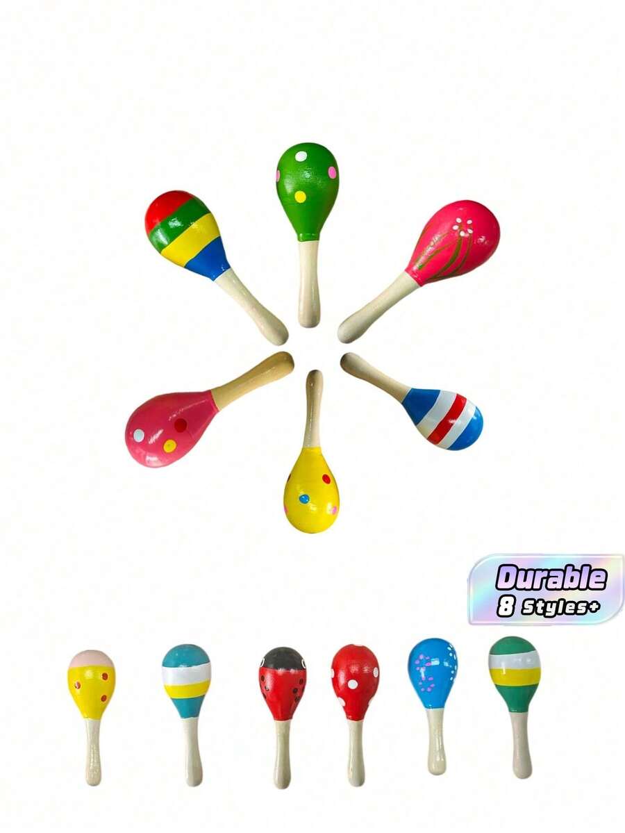 8pcs Wooden Maracas, Festive Wooden Maracas Toy, Musical Instrument, Random Pattern - Multicolor - View 1