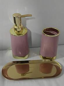 3Pcs Bathroom Countertop Set, Soap Dispenser Toothbrush Holder With Golden Tray, Gold Rim Vanity Storage Organizer, Modern Bathroom Decor, Multi Color Options - Multicolor 6 - View 12