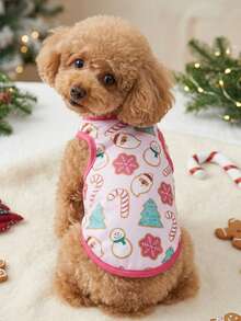 PETSIN 1pc Pink Cute Printed Pet Vest Suitable For Cats And Dogs, Featuring Snowman, Christmas Tree And Candy Prints - Multicolor - View 2
