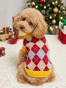 PETSIN Vintage Argyle Pet Sweater, Diamond Plaid Knit Pullover, Winter Warm Clothes For Small Puppy Kitten - Red - View 1
