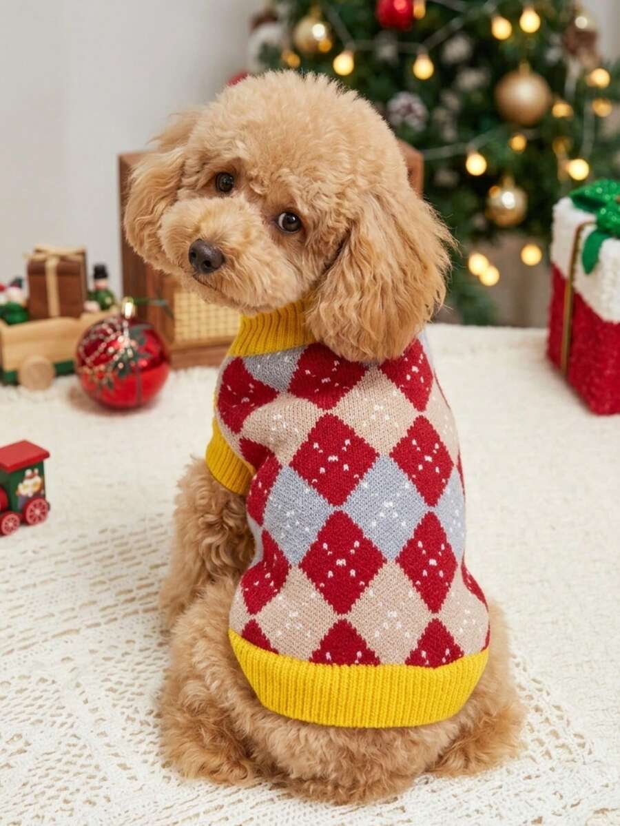 PETSIN Vintage Argyle Pet Sweater, Diamond Plaid Knit Pullover, Winter Warm Clothes For Small Puppy Kitten - Red - View 1
