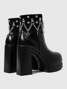ROMWE Women's Autumn/Winter Punk-Style Retro Chunky Heel Platform Ankle Boots, Gothic Solid Color Leather Side Zip Closure With Metal Buckle Strap. - Black - View 3