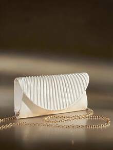Soiraine Pleated Satin Design Clutch Bag, Envelope Evening Bag, Dress Bag, Prom Clutch Bag With Metal Chain Bag, Suitable For Parties, Romantic Weddings, Proms - Champagne - View 1