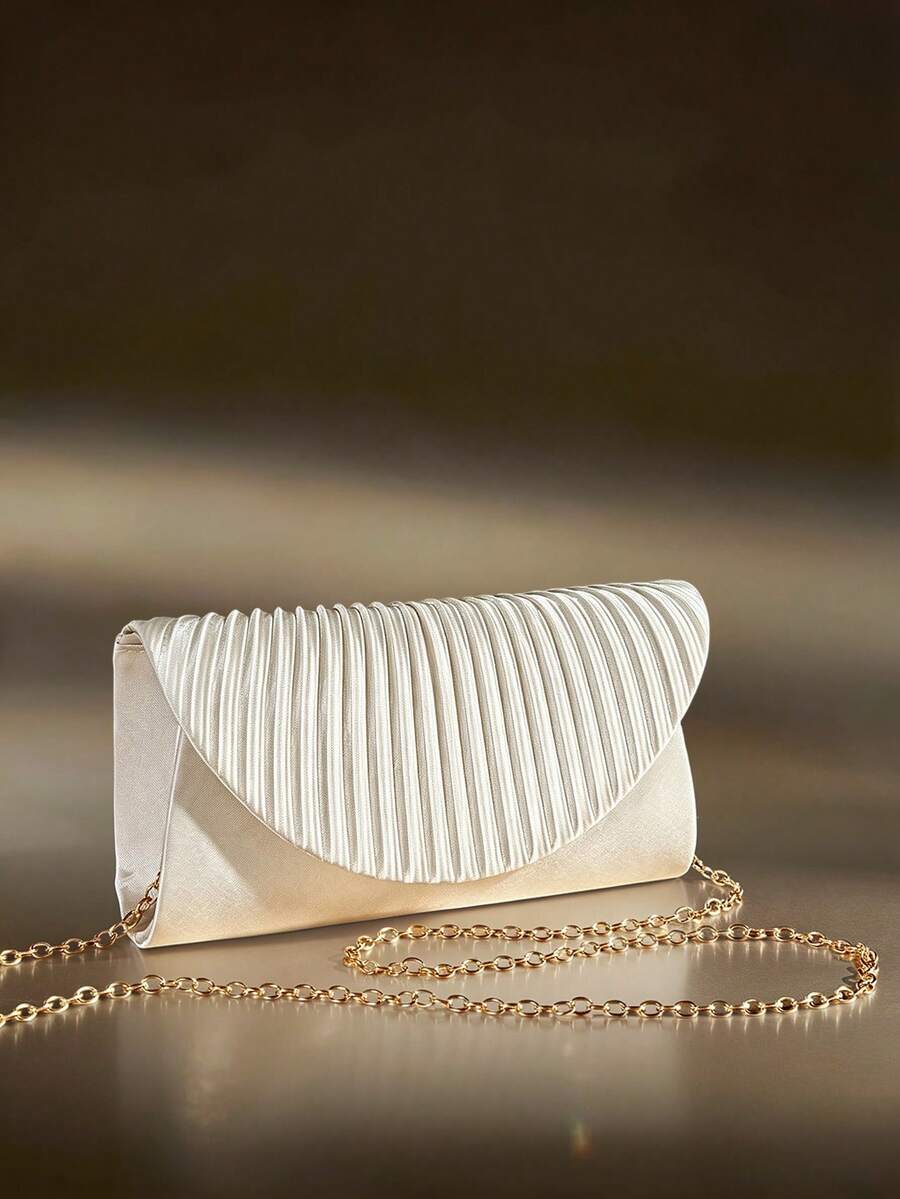 Soiraine Pleated Satin Design Clutch Bag, Envelope Evening Bag, Dress Bag, Prom Clutch Bag With Metal Chain Bag, Suitable For Parties, Romantic Weddings, Proms - Champagne - View 1