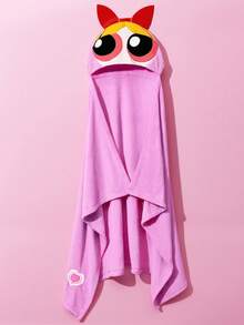 THE POWERPUFF GIRLS X SHEIN 小女警刺繡抓絨連帽穿戴式毯，居家 Cosplay，春秋/冬季 - 粉色 - 查看 4