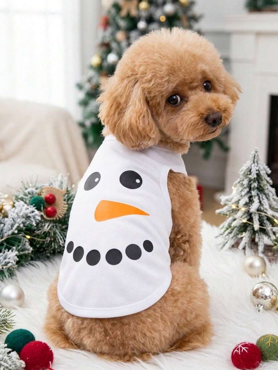PETSIN 1pc Christmas Snowman Printed Pet Tank Top White Breathable Pet Clothes - Multicolor - View 1