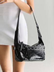 Viva Strut Ladies Shoulder Bag, Large Capacity, Rivet Decoration, Sweet And Cool Spice Girl Y2K, Zipper Closure, Adjustable Shoulder Strap, Suitable For Daily Sh - Black - View 2