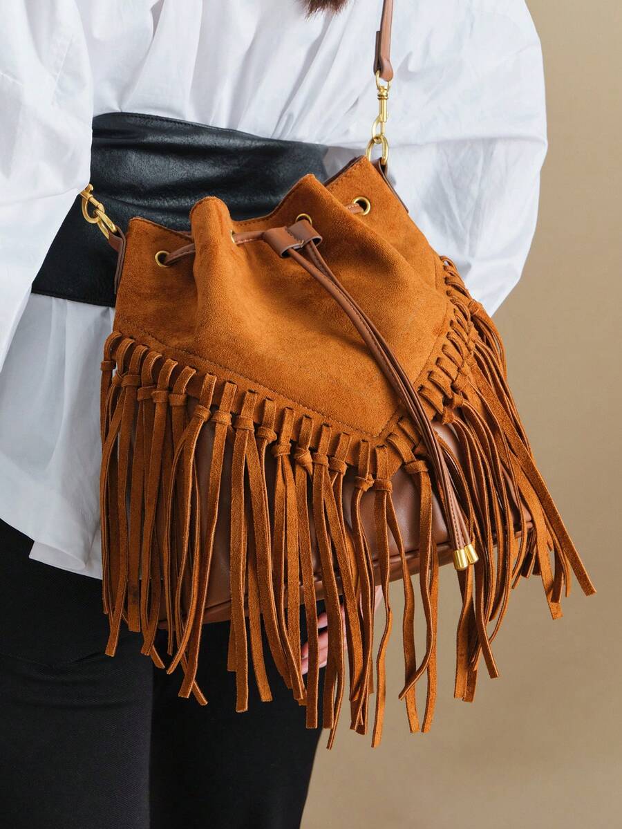 Wovira Ladies Slanted Shoulder Bag, Hand-Woven, Bohemian Vintage Tassel, Bucket Bag, Large Capacity, Vacation, Daily Commute - Brown - View 1