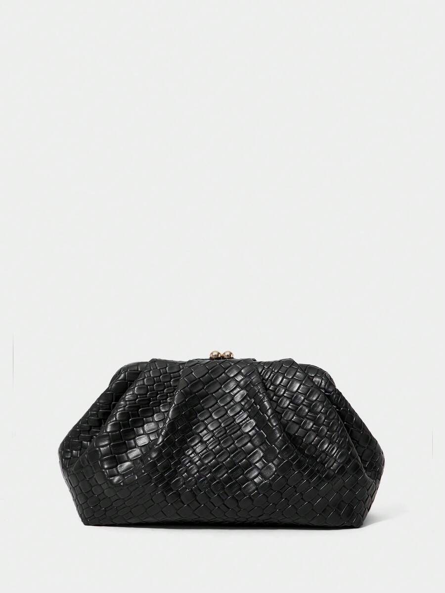 SHECARRY Woven Embossed Clip Bag, Cloud Bag, Clutch Bag. - Black - View 1