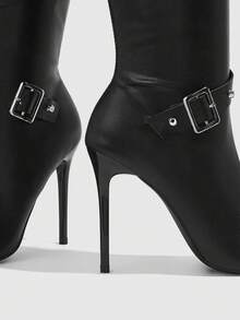 CUCCOO SZL Black Over-The-Knee Boots, Slim Stiletto Heels, Decorative Stud Buckles, Fashion Style, Suitable For Daily Wear & Parties - Black - View 3