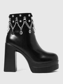 ROMWE Women's Autumn/Winter Punk-Style Retro Chunky Heel Platform Ankle Boots, Gothic Solid Color Leather Side Zip Closure With Metal Buckle Strap. - Black - View 1