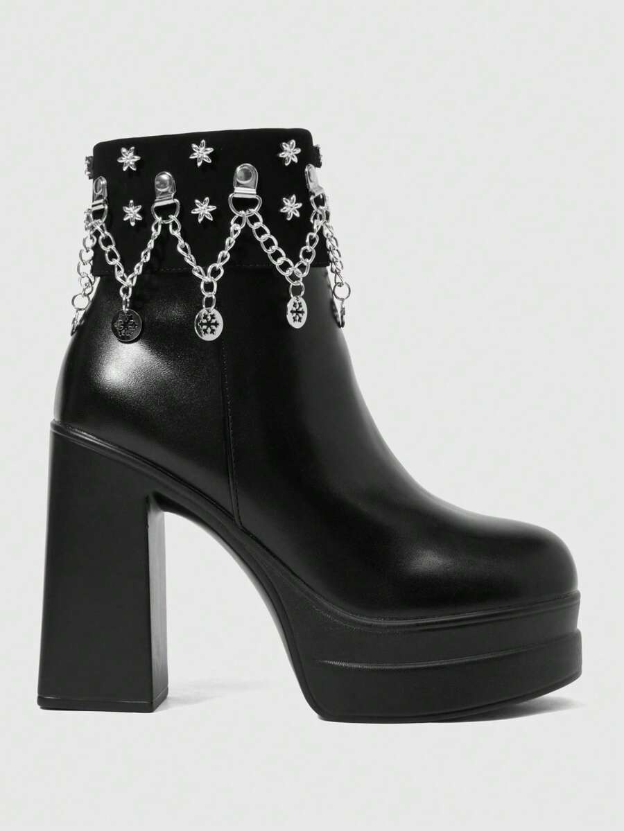 ROMWE Women's Autumn/Winter Punk-Style Retro Chunky Heel Platform Ankle Boots, Gothic Solid Color Leather Side Zip Closure With Metal Buckle Strap. - Black - View 1