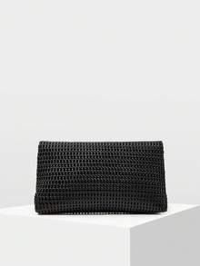 MOTF PREMIUM حقيبة كلاتش نسائية سوداء منسوجة، بطانية مع قفل معدني ملتوي، حزام سلسلة ذهبي قابل للفصل، مثالية للتنقل والتسوق - الأسود - مشاهدة 5