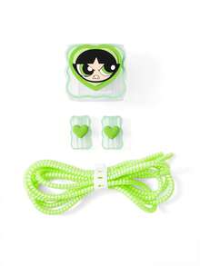 THE POWERPUFF GIRLS X SHEIN 數據線保護套，適用於 iPhone 充電器，4 件組手機線材保護套，充電器保護套（不含數據線） - 綠色 - 查看 3