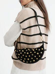 SHECARRY Y2K Fashion Rivet Design Shoulder Bag Crescent Bag Pu Material, Zipper Opening And Closing, Suitable For Daily Commuting - Black - View 2