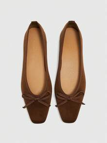 CUCCOO BIZCHIC Suede Bow Square Head Ballet Flats Gentle Commuting Light Mouth Single Shoes Women Suitable For Daily Dating - Brown - View 1