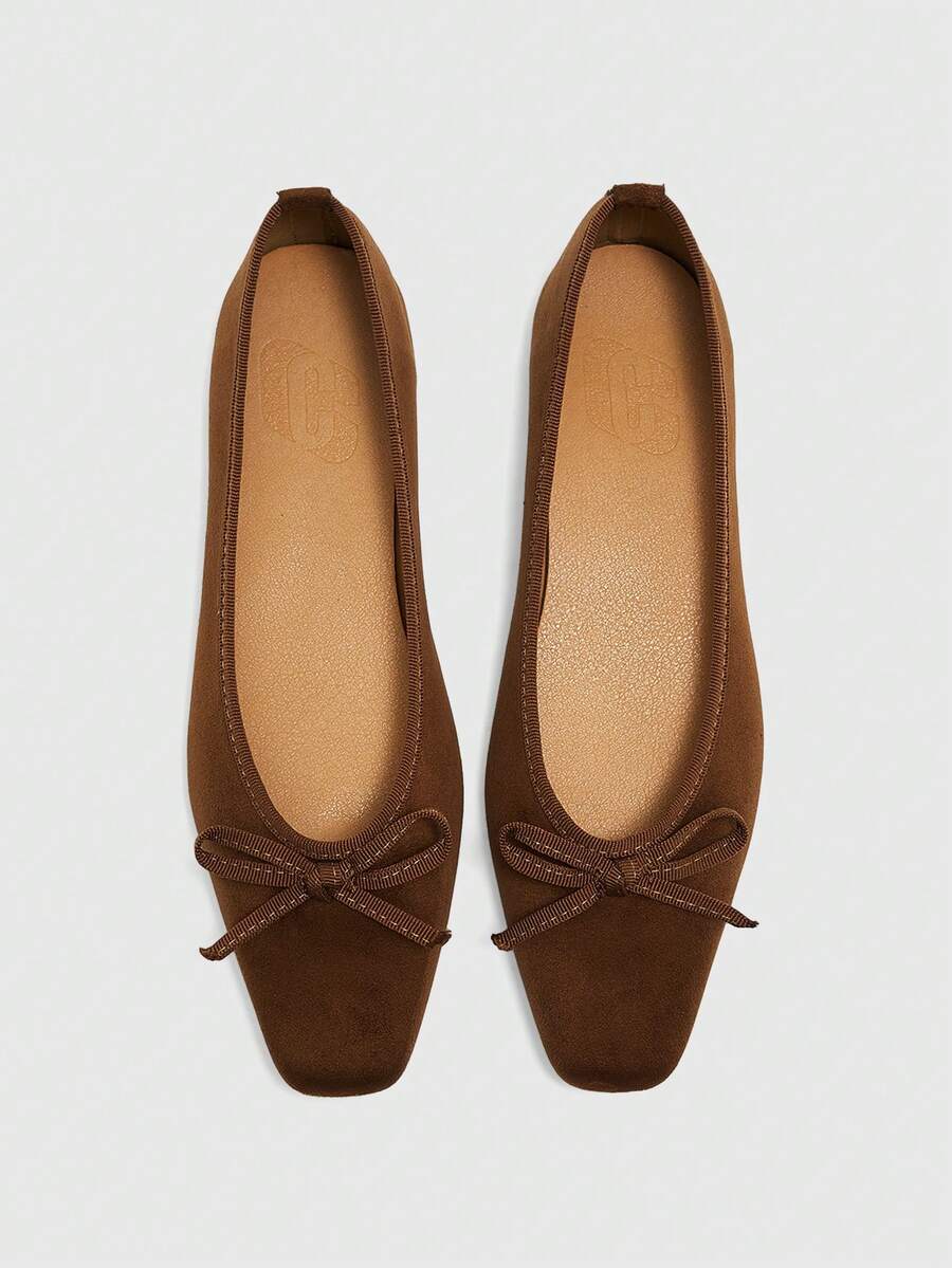 CUCCOO BIZCHIC Suede Bow Square Head Ballet Flats Gentle Commuting Light Mouth Single Shoes Women Suitable For Daily Dating - Brown - View 1